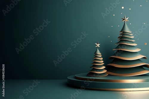Elegant Christmas trees with stars and gold accents against a teal background...