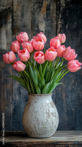 A bouquet of pink tulips in a rustic vase on a wooden table against a texture...