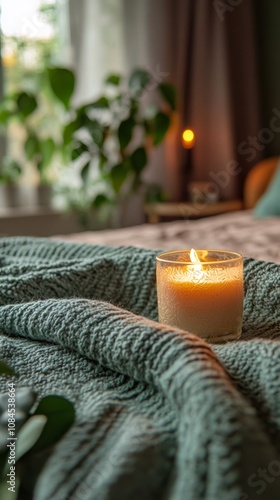 Cozy bedroom setting with a lit candle on a soft blanket and a view of natura...