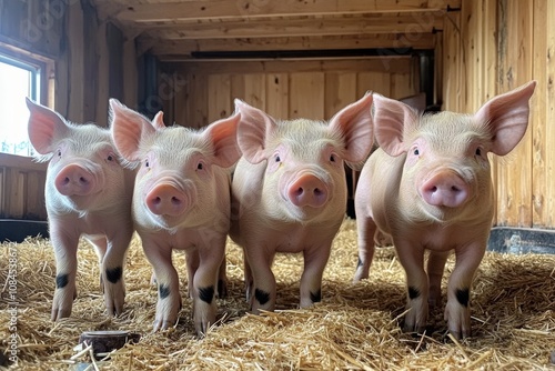 Four pigs standing together in a rustic barn with warm string lights at night