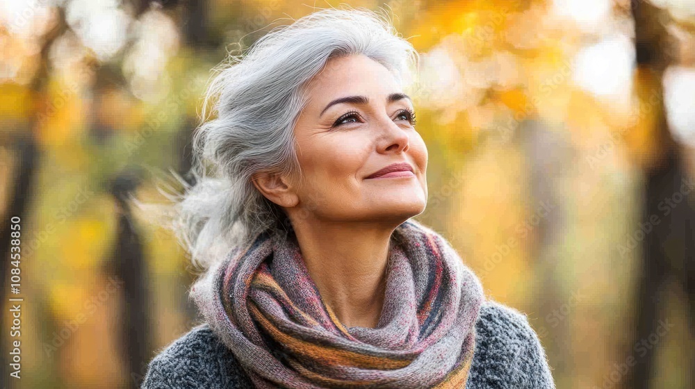 A joyful woman with gray hair enjoys nature in autumn, radiating peace and happiness.