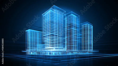 A blue hologram of modern highrise building on dark background with glowing lines and white buildings construction engineering concept, real estate business or digital