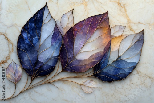 Elegant decor featuring intricately designed leaves on a marble background in...