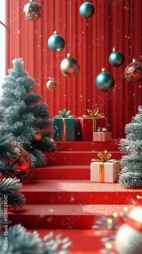 Beautifully decorated Christmas display with ornaments and gifts against a re...