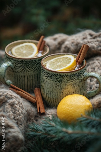 Warm spiced beverages with lemon slices and cinnamon sticks displayed on a te...