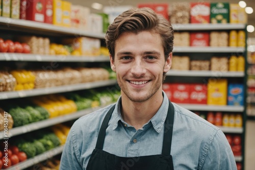 Close portrait of a smiling young Swiss male grocer standing and looking at the camera, Swiss grocery store blurred background