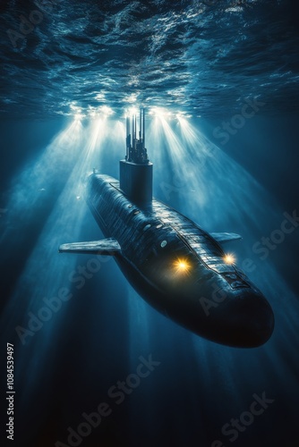 Submarine exploring the deep ocean at night with powerful headlights illumina...