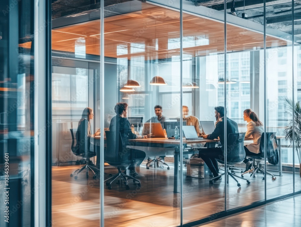 Business professionals collaborating in a hybrid office with transparent partitions, creating a modern workspace filled with natural light and contemporary design elements. Business professionals collaborating in a hybrid office with transparent partitions, creating a modern workspace filled with natural light and contemporary design elements.