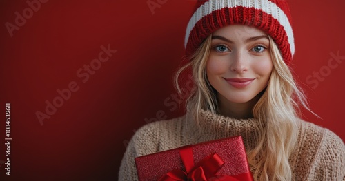 Cheerful young woman holding a red gift wrapped with a bow against a vibrant ...