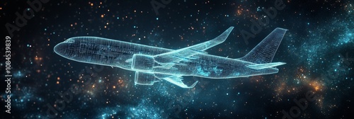 A futuristic airplane composed of light travels through the galaxy against a ...