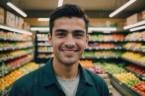 Close portrait of a smiling young Tajik male grocer standing and looking at the camera, Tajik grocery store blurred background