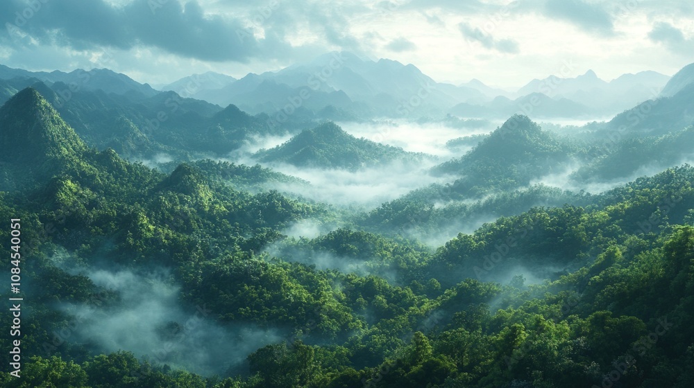Mountainous terrain covered in lush forests, Misty morning light Mountainous terrain covered in lush forests, Misty morning light