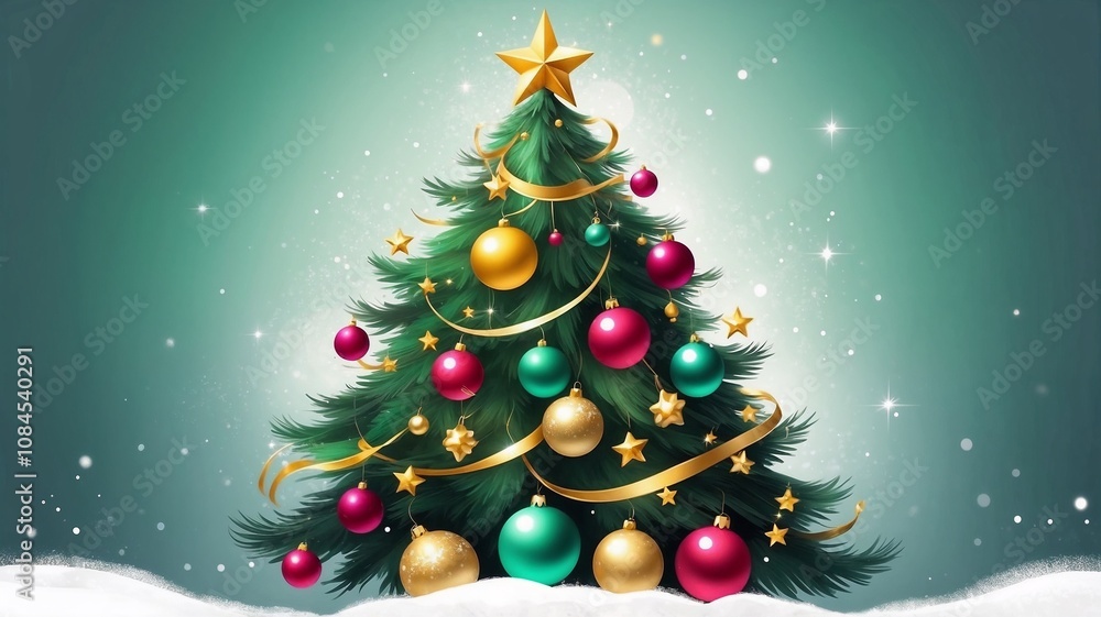 Obraz premium The most enchanting Christmas tree, in the colours of 2025 - vibrant green, luxurious gold and rich wine-burgundy. The tree exudes warmth and festive charm, decorated with ornaments.