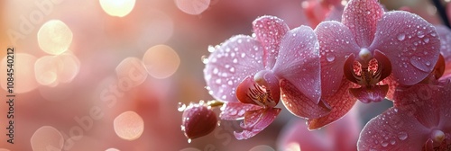 Beautiful pink orchids with dew drops illuminated by soft sunlight in a tranq...