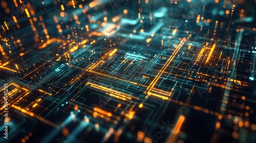 A detailed close-up of a silicon wafer under a microscope, illustrating nanotechnology in the creation of microchips and complex circuits and advanced semiconductor engineering