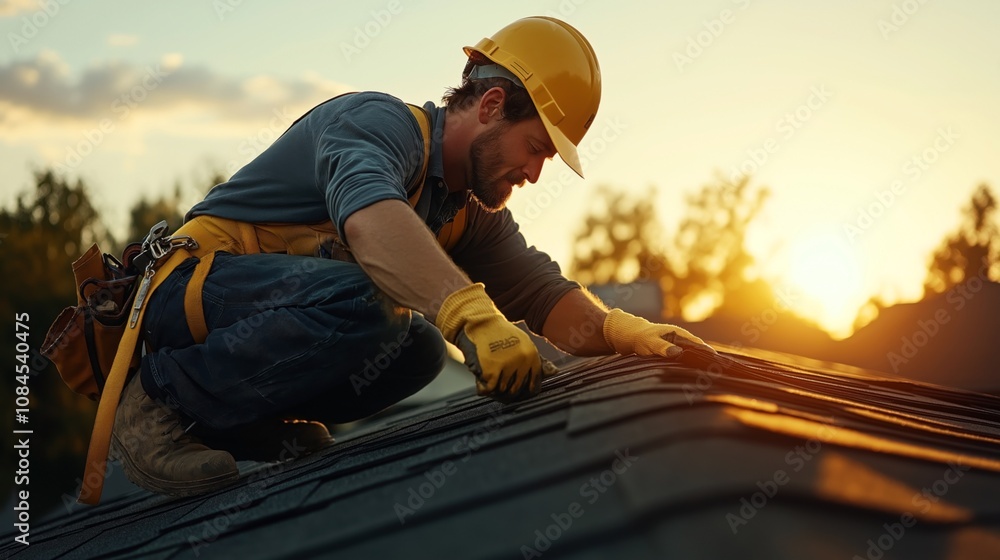 Construction worker in safety gear installing shingles on a roof at sunset. Construction worker in safety gear installing shingles on a roof at sunset.