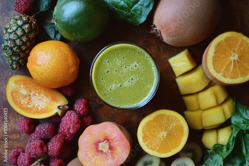 Vibrant green smoothies surrounded by fresh fruits and leafy greens on a text...