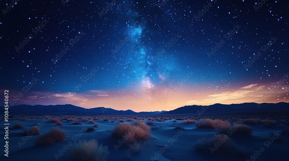Naklejka premium A wide landscape of desert under a starlit night sky