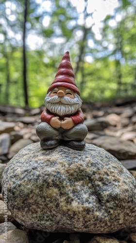 A whimsical gnome statue on a rock surrounded by colorful autumn foliage in a...