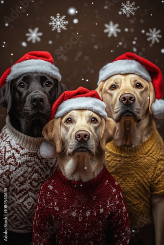 Three festive dogs wearing Christmas sweaters and hats celebrate the holiday ...