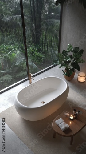 Tranquil bathroom oasis featuring freestanding tub and indoor greenery at dawn