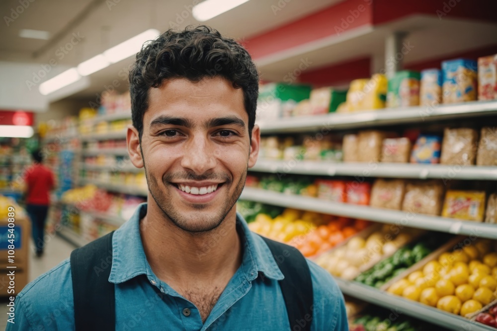 Close portrait of a smiling young Tunisian male grocer standing and looking at the camera, Tunisian grocery store blurred background Close portrait of a smiling young Tunisian male grocer standing and looking at the camera, Tunisian grocery store blurred background
