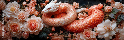 A snake symbolizing the Chinese New Year on a background covered with roses