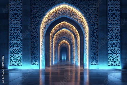Intricate architectural design of illuminated arches in a serene blue setting...