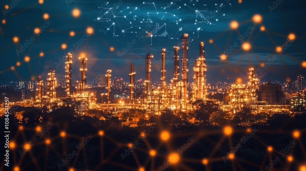 Obraz premium Industrial site illuminated at night with digital technology