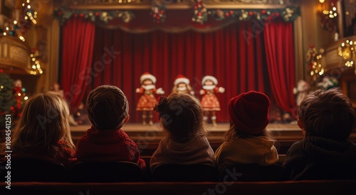 Children watching a Christmas puppet show on stage in a festive theater durin...
