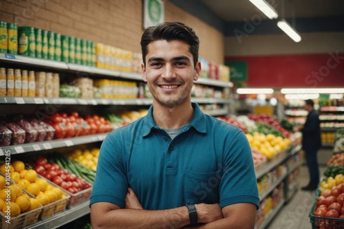 Close portrait of a smiling young Turkmen male grocer standing and looking at the camera, Turkmen grocery store blurred background