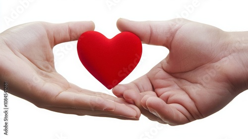 Two hands, one male and one female, gently holding a red heart symbolizing love and connection.