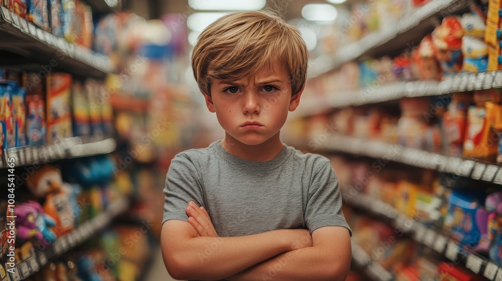 A young boy looks frustrated while shopping in a toy aisle at a bustling store during the day A young boy looks frustrated while shopping in a toy aisle at a bustling store during the day