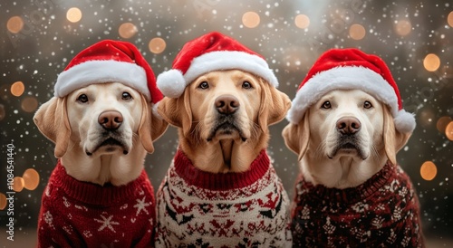 Three dogs dressed in festive attire during the holiday season in a cozy indo...
