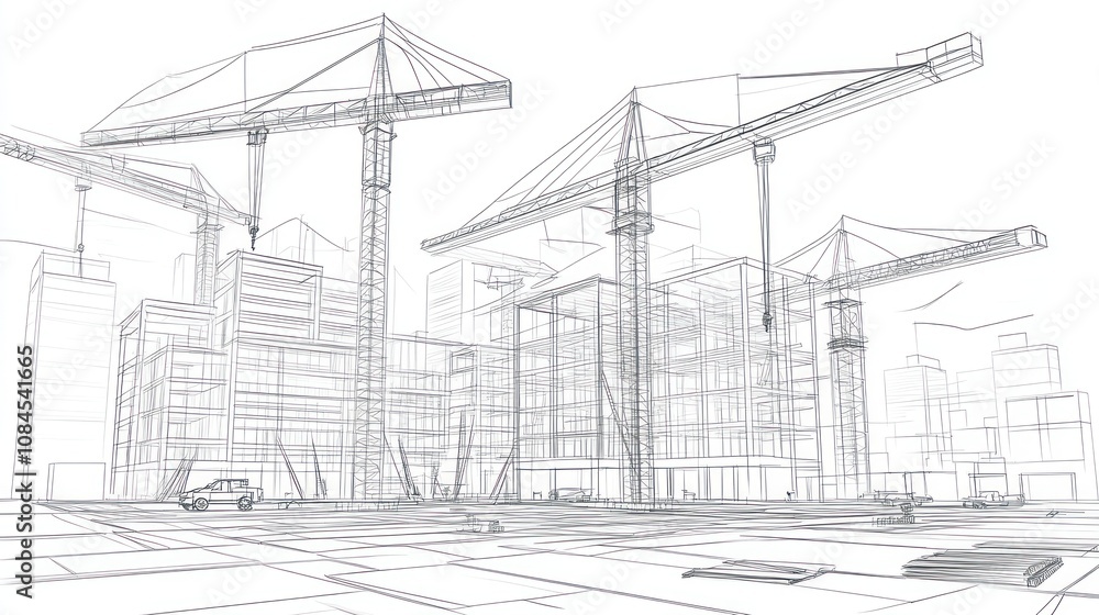 A wireframe illustration of a construction site with cranes and buildings. A wireframe illustration of a construction site with cranes and buildings.