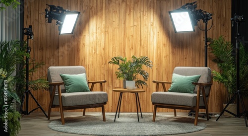 Cozy interior setup with two chairs and greenery for a casual discussion or i...