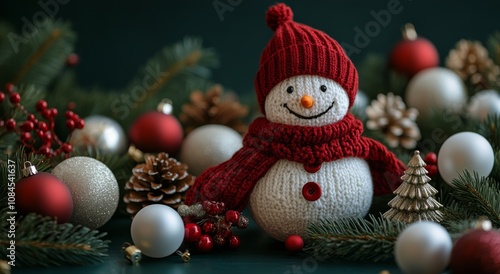 Cheerful snowman with festive decorations on a dark surface during the winter...
