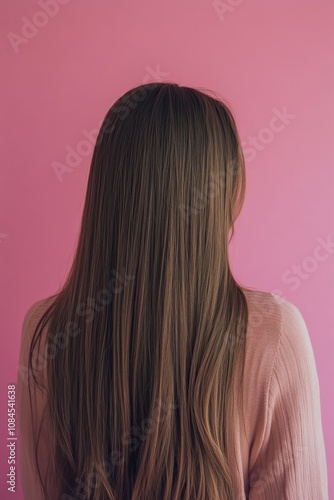 Smooth and glossy hair against a plain pink background highlighting a beautif...
