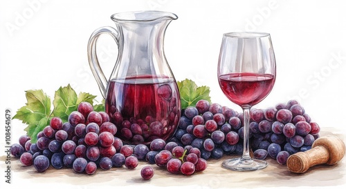 A pitcher and a glass of red wine surrounded by fresh grapes on a textured su...