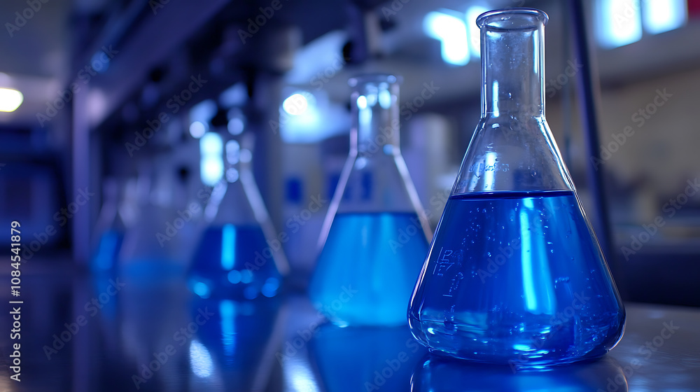 A closeup of laboratory equipment such as beakers and flasks filled with clear blue liquid, set against the backdrop of an empty lab table, symbolizing scientific research A closeup of laboratory equipment such as beakers and flasks filled with clear blue liquid, set against the backdrop of an empty lab table, symbolizing scientific research