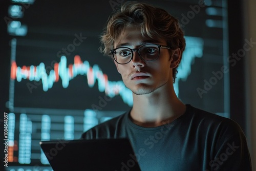 Young man analyzing market trends on tablet during night in a city with brigh...