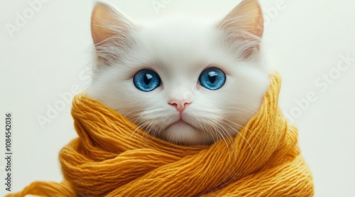 A fluffy white cat with striking blue eyes wrapped in a cozy yellow scarf ind...