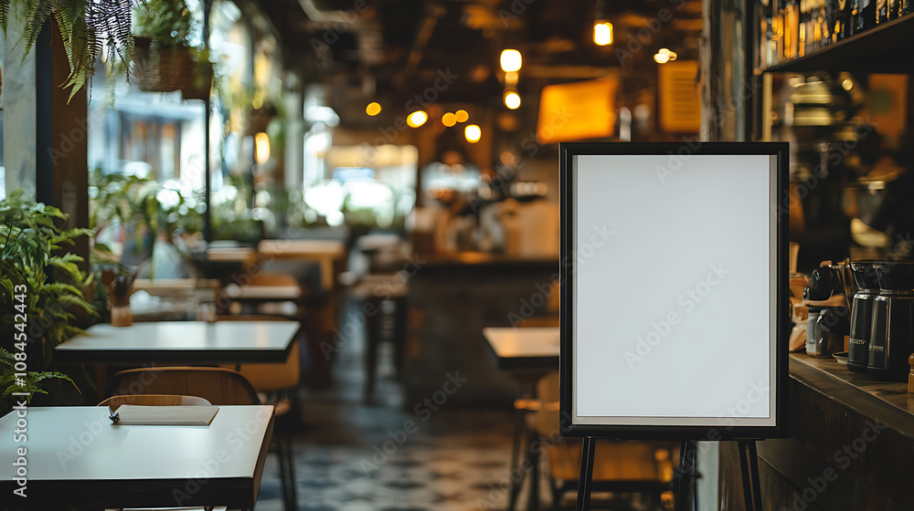 A white poster framed in black stands before a blurred cafe background, setting the stage for promotional displays