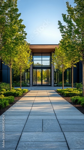 Lush green pathway framed by modern architecture in a tranquil garden setting...