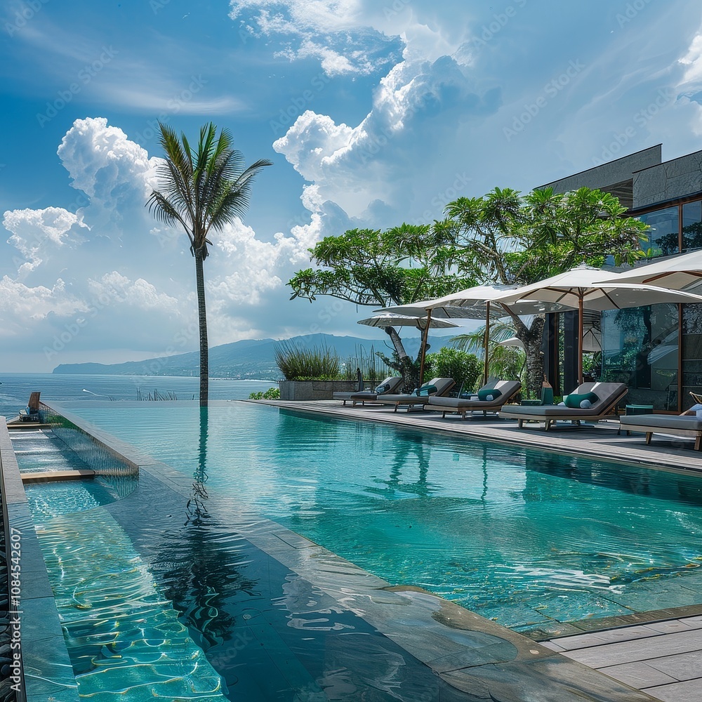 Obraz premium Panoramic View of Lavish Hotel Pool with Ocean Vista