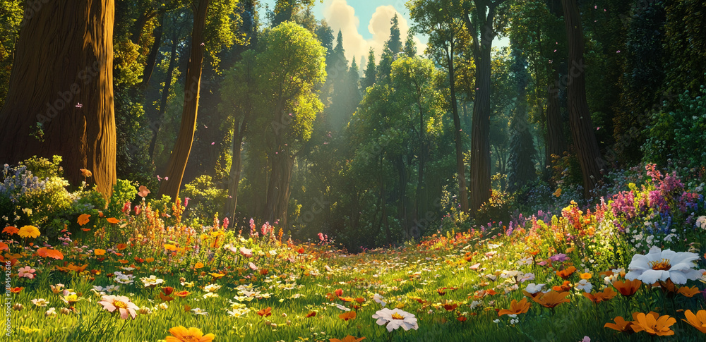 Obraz premium Sunlight streams through a dense forest, illuminating a path carpeted with a profusion of wildflowers in various colors
