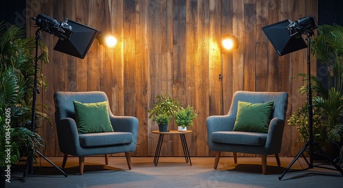 Cozy interior setup with two chairs and greenery for a casual discussion or i...