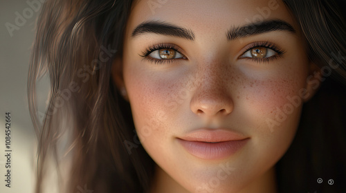 A confident young woman with freckles gazes at the camera in soft natural light