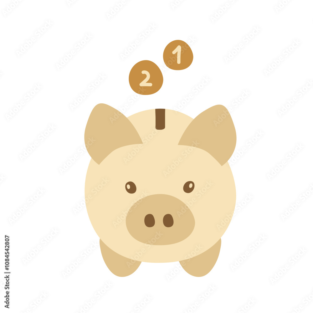 Fototapeta premium Cartoon piggy bank with coins: simple financial savings icon for kids