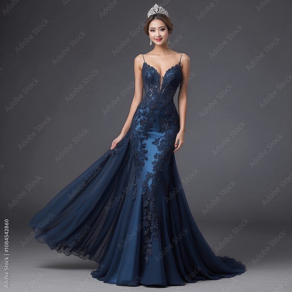 Elegant woman wearing a stunning evening dress with lace details against a dark background Elegant woman wearing a stunning evening dress with lace details against a dark background